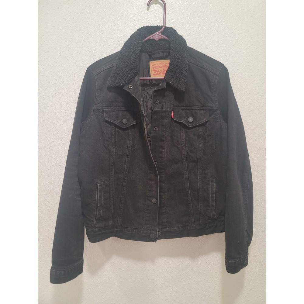 Levi Womans Jacket Patchwork Black Flower Embroidery XL Sherpa Collar